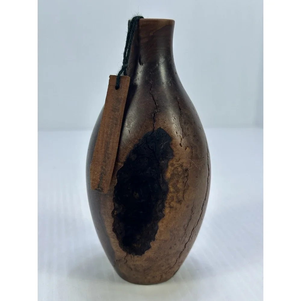 Turned Burl Wood Handmade Brutalist Wooden Sculptural Burl Bud Glass Vase Inside